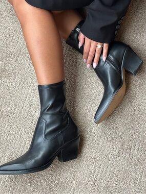 Dolce Vita Black Leather Mid-Calf Block Heel Ankle Boots